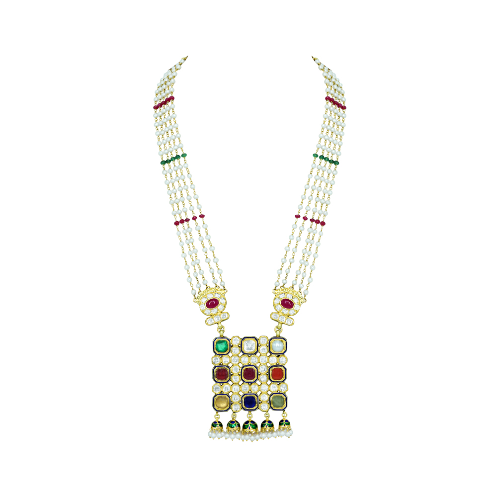 Pearl Necklace with Navratan Pendant and Ruby-Emerald Beads